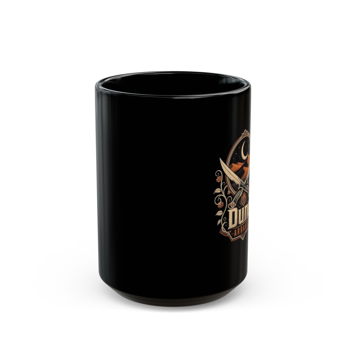 Dune " in bold, vintage-styled text beneath the emblem with " Black Mug - alternate angle 2, merchandise