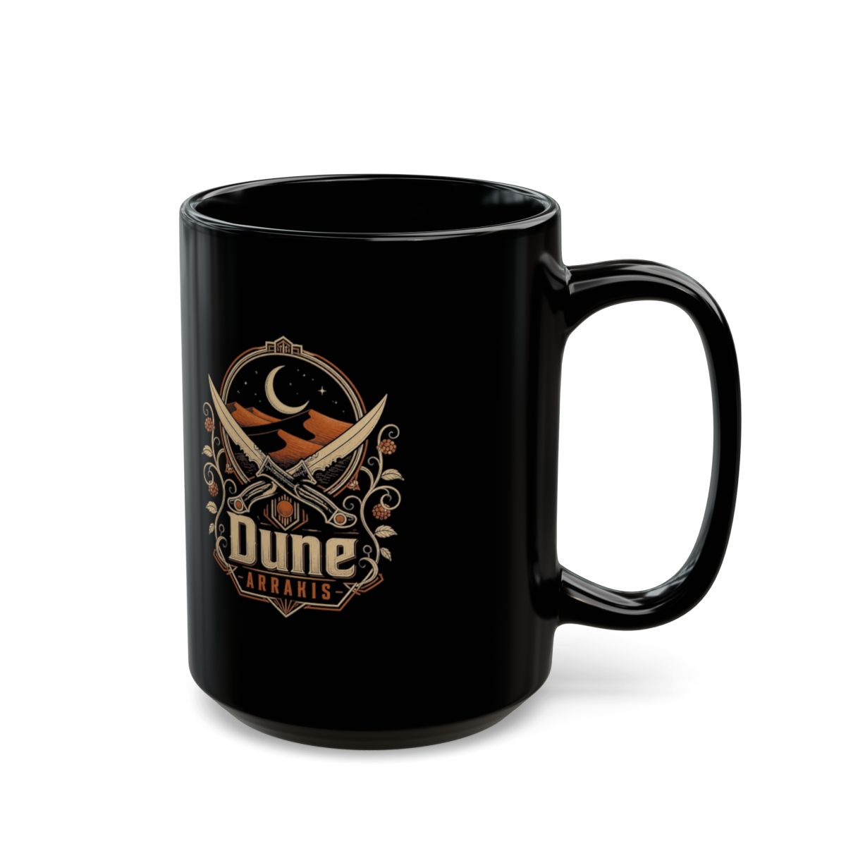 Dune " in bold, vintage-styled text beneath the emblem with " Black Mug - alternate angle 5, merchandise