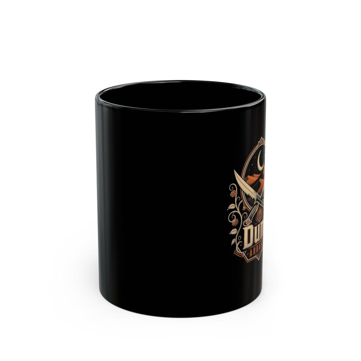 Dune " in bold, vintage-styled text beneath the emblem with " Black Mug - alternate angle 1, merchandise